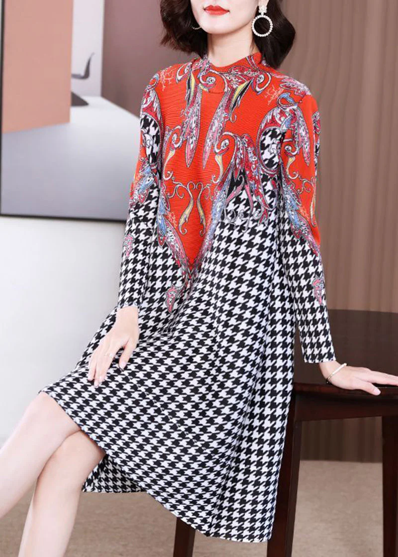 Women Red High Neck Plaid Wrinkled A Line Dress Spring - Image 2