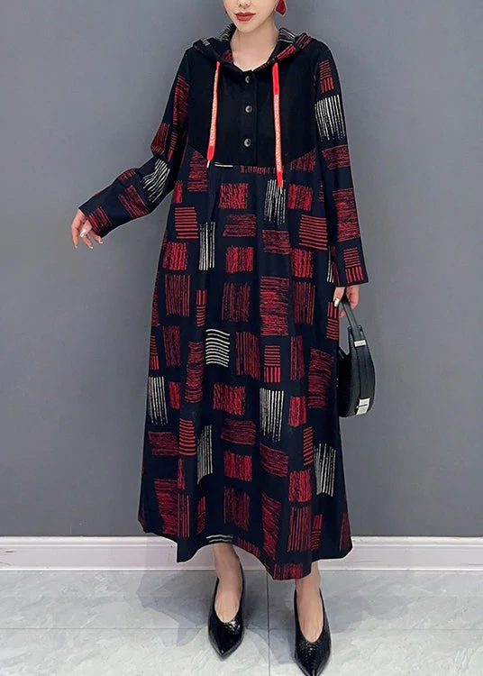 Women Red Hooded Plaid Patchwork Cotton Long Dress Fall - Image 2