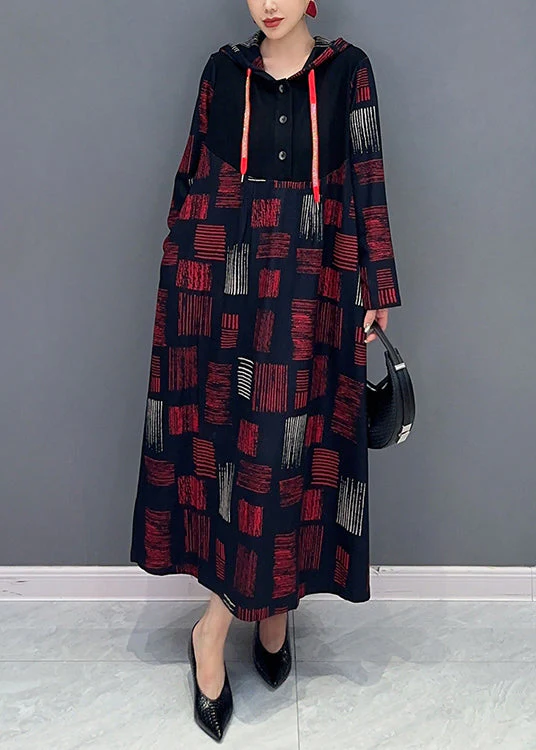 Women Red Hooded Plaid Patchwork Cotton Long Dress Fall - Image 3