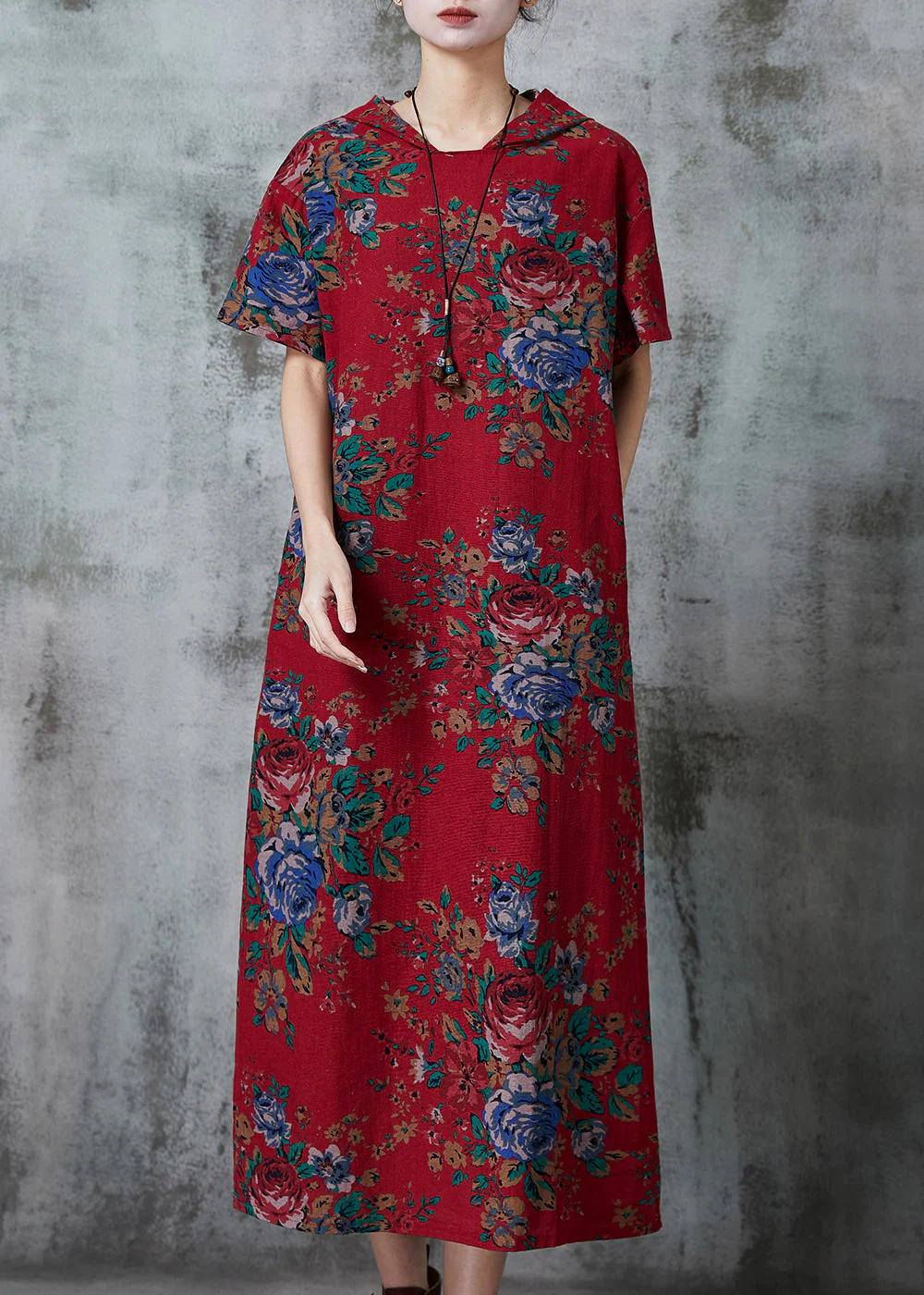 Women Red Hooded Print Cotton Long Dress Summer