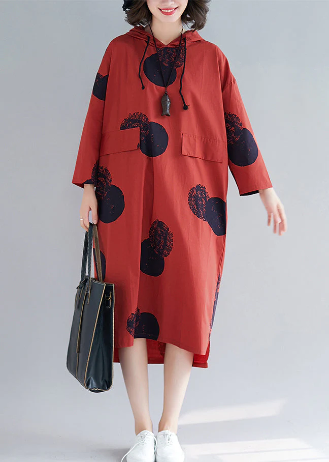Women Red Hooded Print Cotton Loose Sweatshirt Dress Fall - Image 2