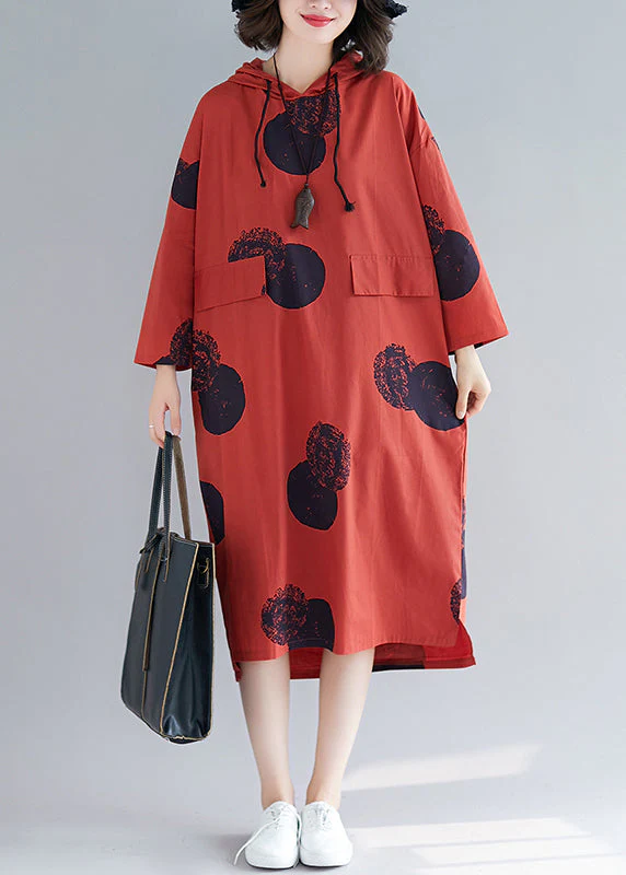 Women Red Hooded Print Cotton Loose Sweatshirt Dress Fall - Image 3