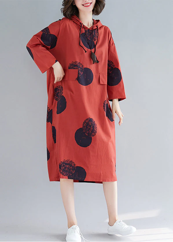 Women Red Hooded Print Cotton Loose Sweatshirt Dress Fall - Image 4