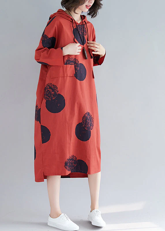 Women Red Hooded Print Cotton Loose Sweatshirt Dress Fall - Image 5