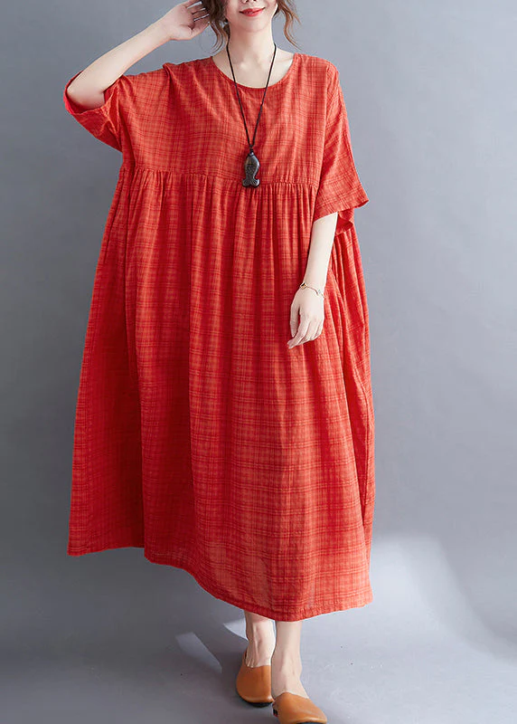Women Red O-Neck Cinched Cotton Holiday Dress Short Sleeve - Image 2