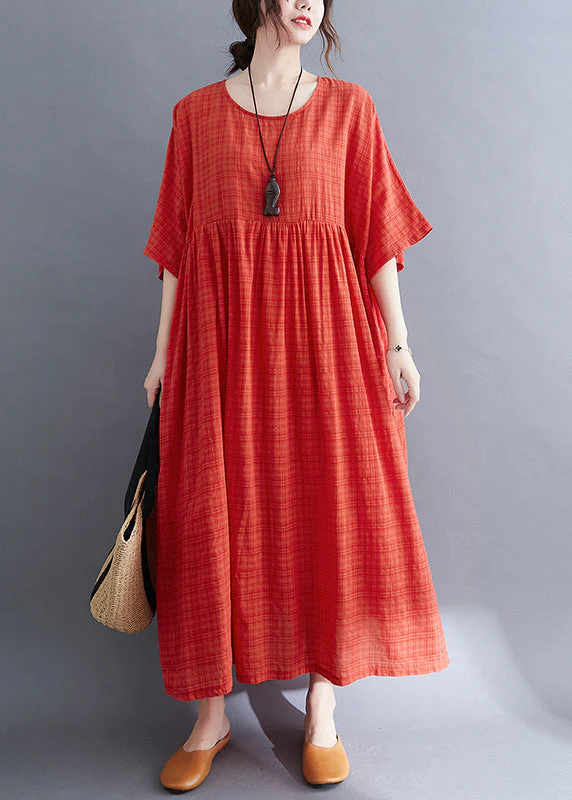 Women Red O-Neck Cinched Cotton Holiday Dress Short Sleeve - Image 3
