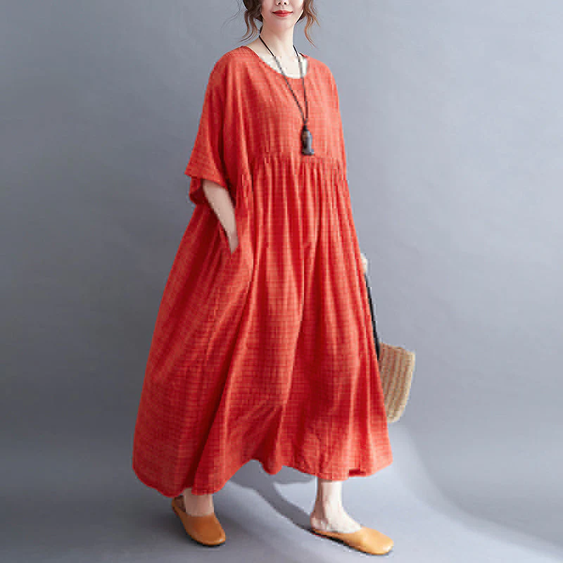 Women Red O-Neck Cinched Cotton Holiday Dress Short Sleeve - Image 4