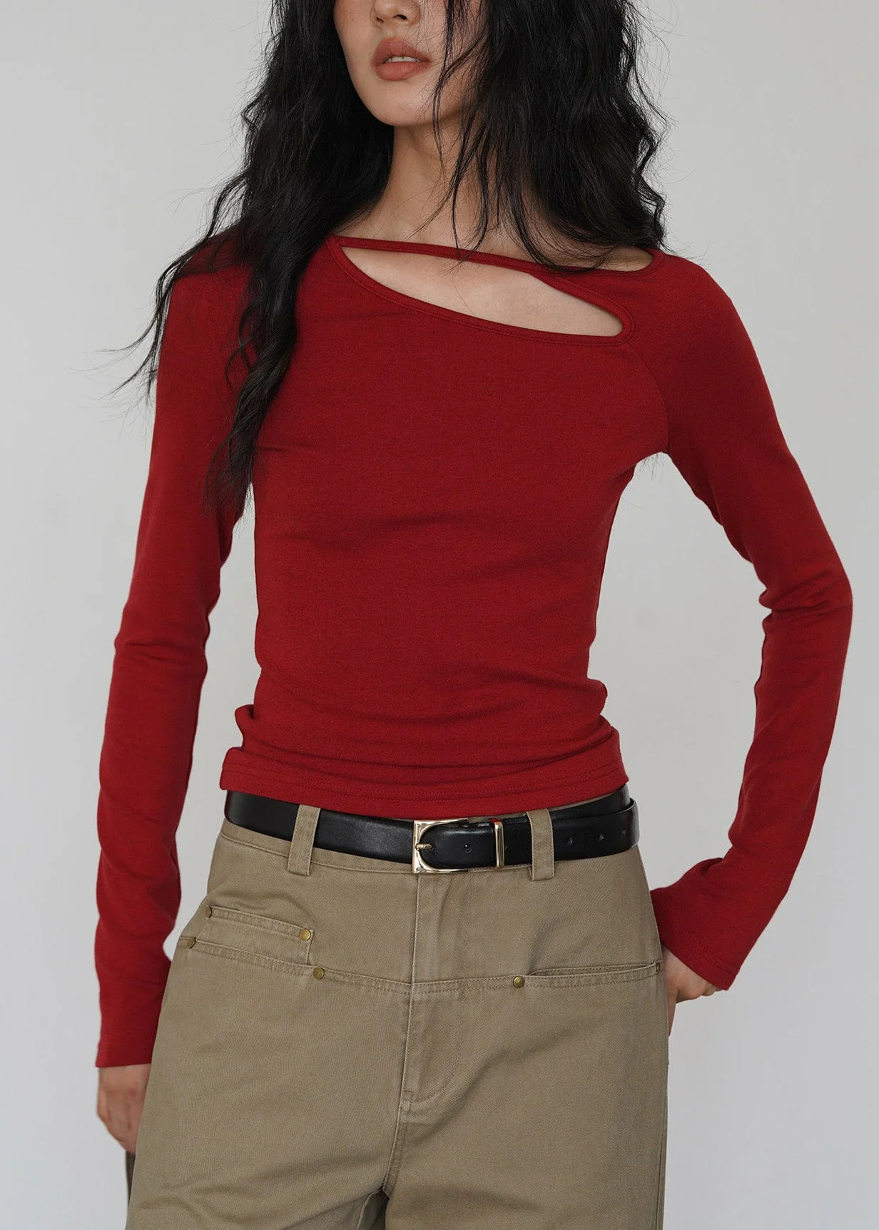 Women Red O Neck Hollow Out Cotton T Shirt Top Spring - Image 3