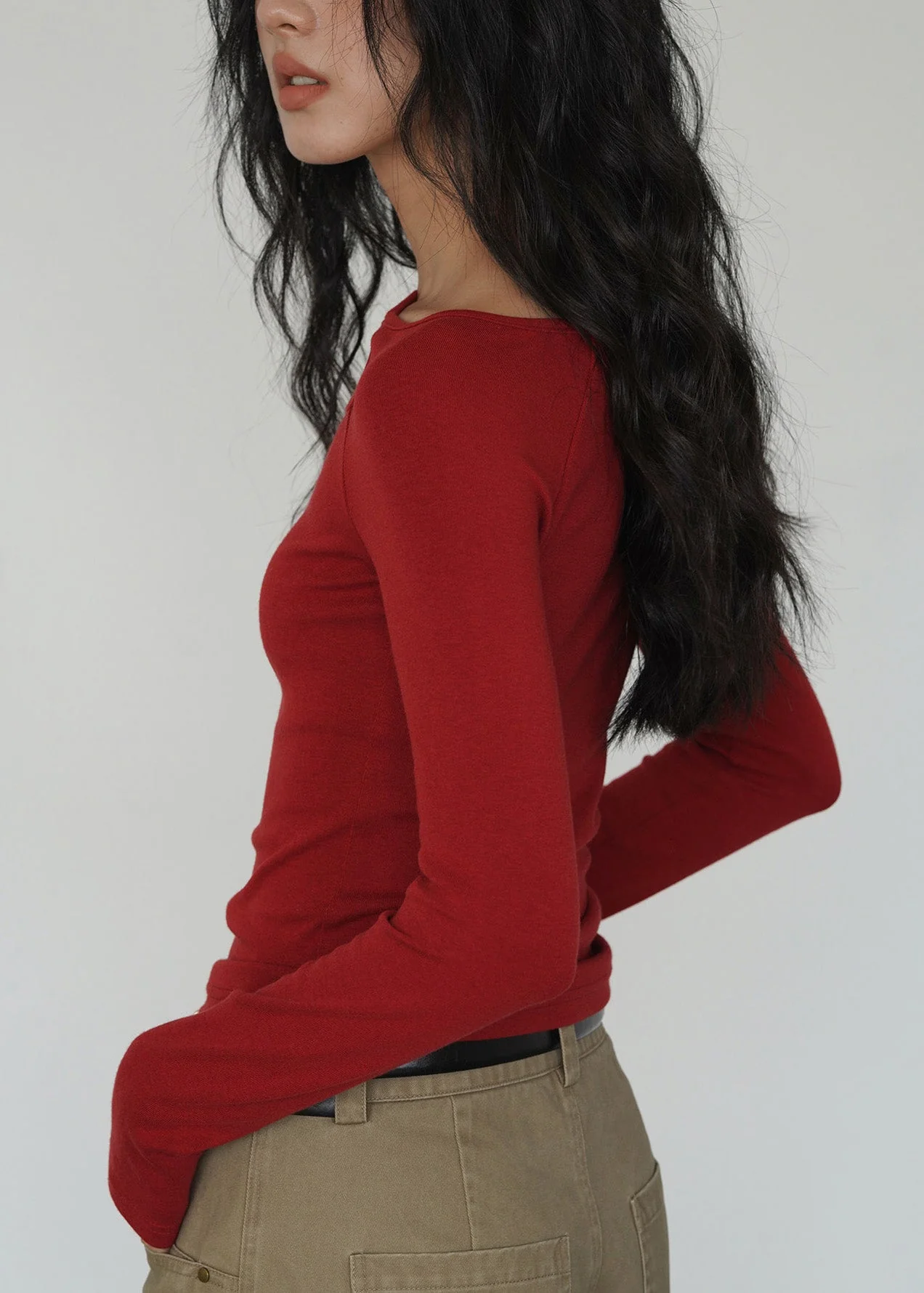 Women Red O Neck Hollow Out Cotton T Shirt Top Spring - Image 5
