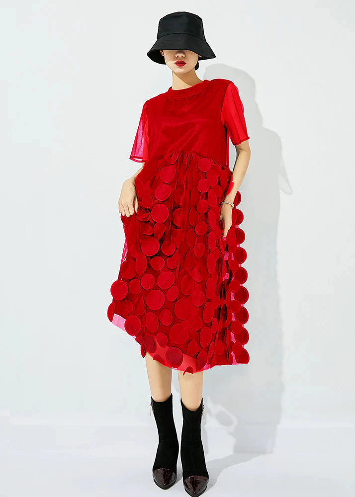 Women Red O-Neck Patchwork Dot Tulle Holiday Dress Summer