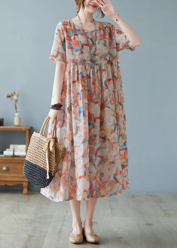 Women Red O-Neck Patchwork Print Holiday Maxi Dress Short Sleeve - Image 2