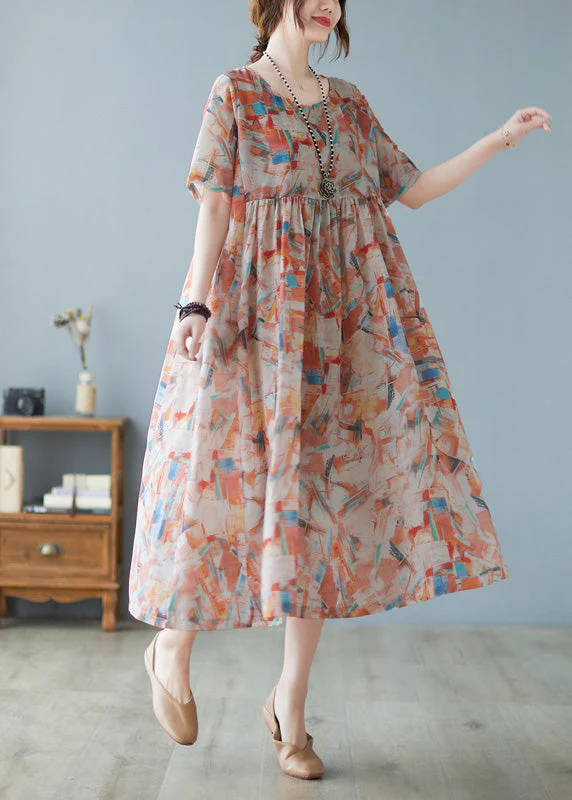 Women Red O-Neck Patchwork Print Holiday Maxi Dress Short Sleeve - Image 3
