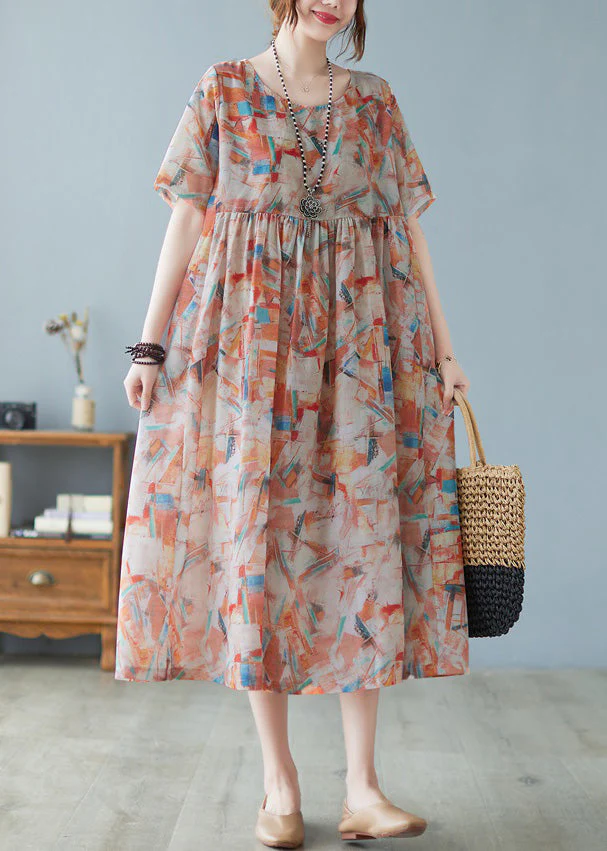 Women Red O-Neck Patchwork Print Holiday Maxi Dress Short Sleeve - Image 4