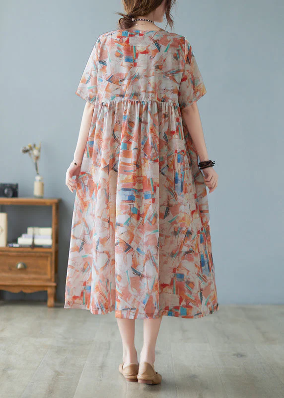 Women Red O-Neck Patchwork Print Holiday Maxi Dress Short Sleeve - Image 5