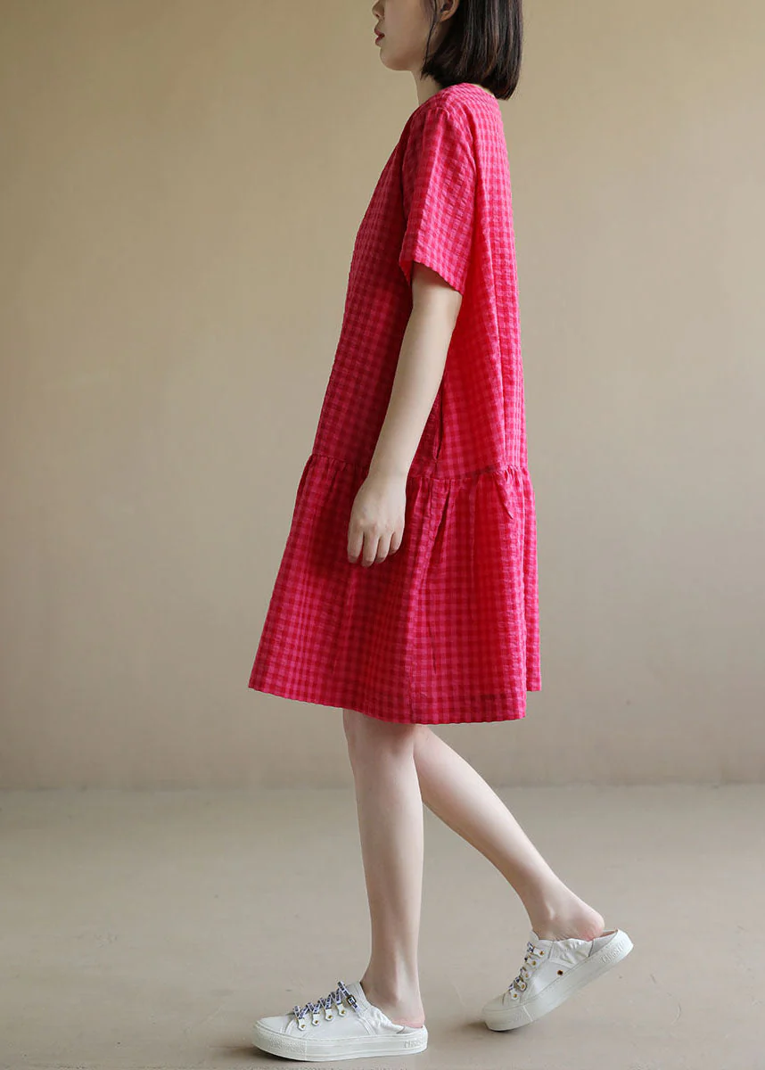 Women Red O-Neck Plaid Patchwork Cotton Mid Dresses Short Sleeve - Image 3