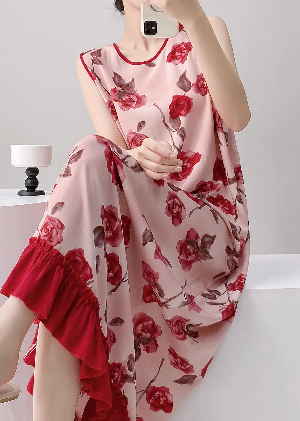 Women Red O-Neck Print Long Dresses Summer