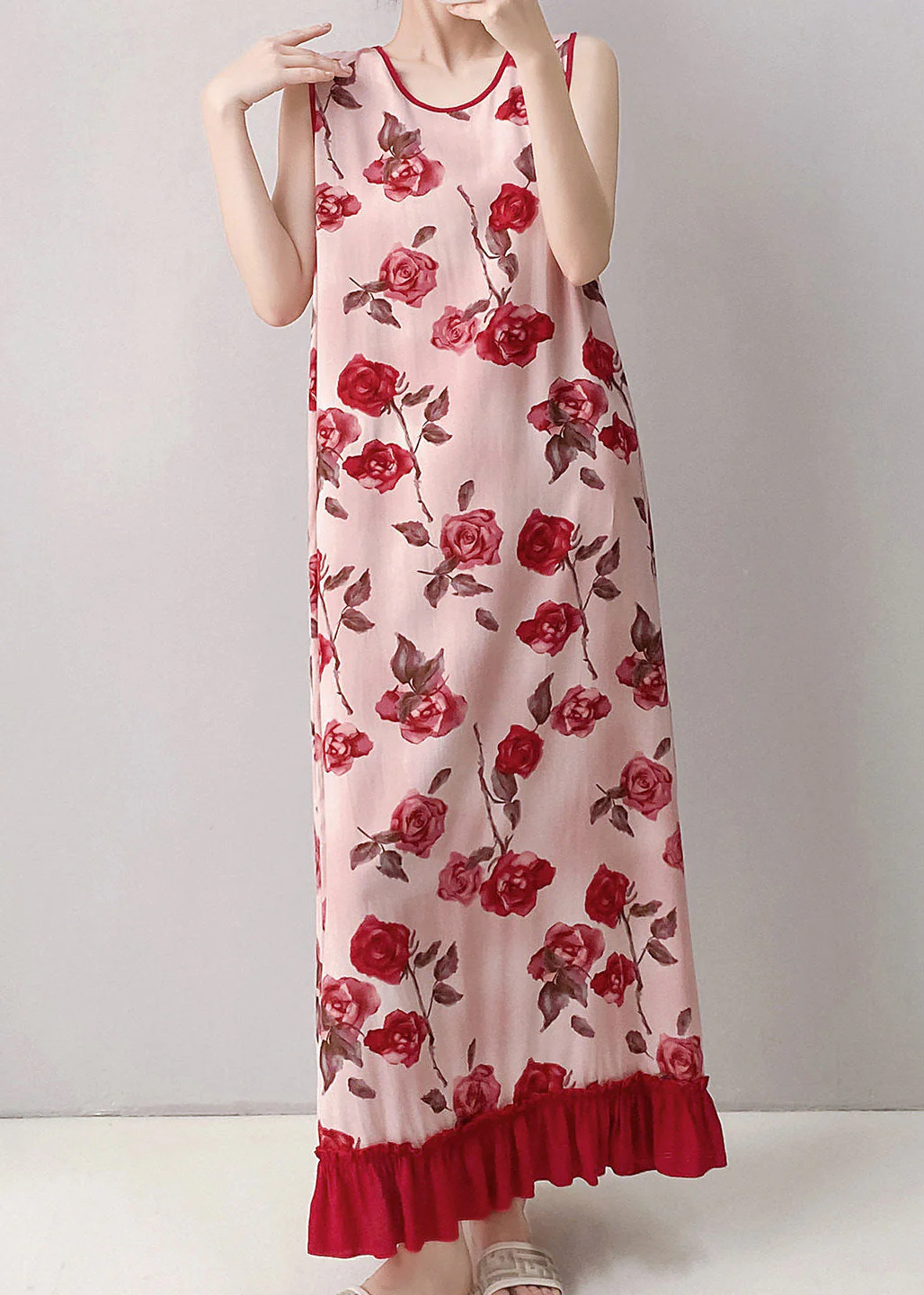 Women Red O-Neck Print Long Dresses Summer - Image 2