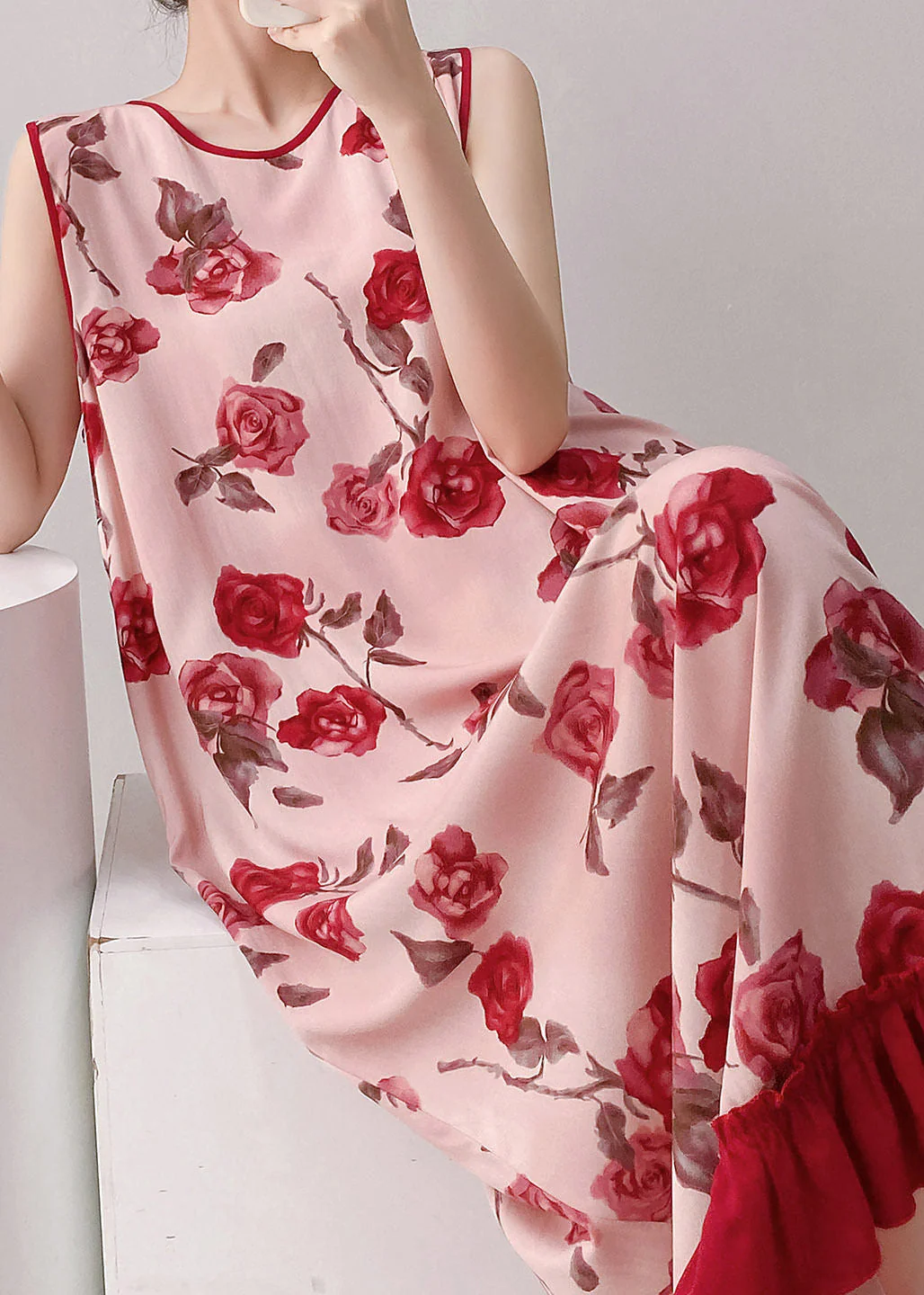 Women Red O-Neck Print Long Dresses Summer - Image 3