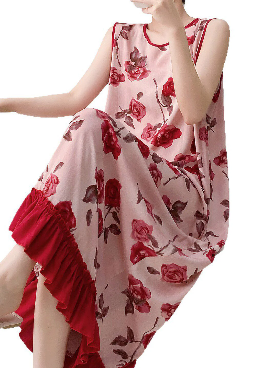 Women Red O-Neck Print Long Dresses Summer - Image 5