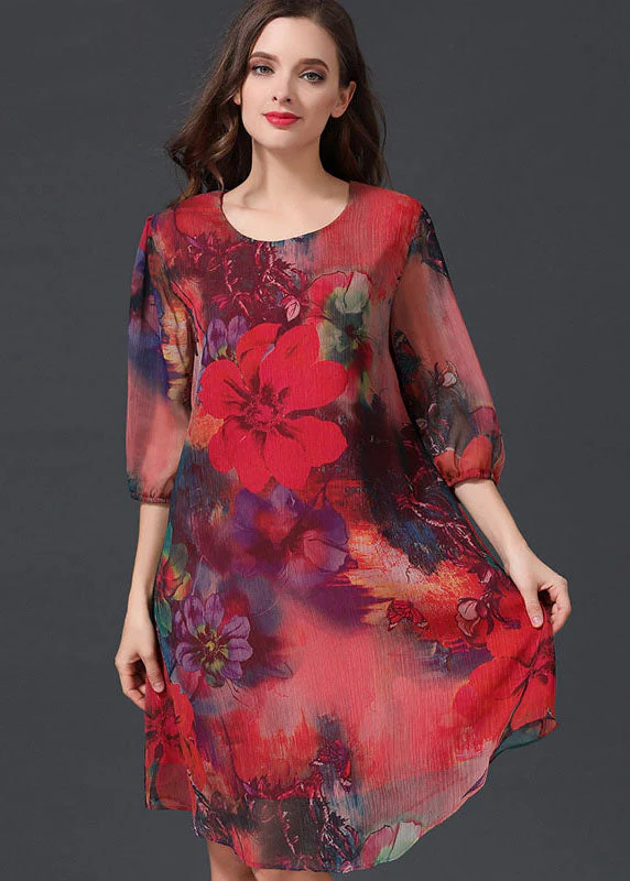 Women Red O Neck Print Patchwork Chiffon Mid Dress Summer - Image 2
