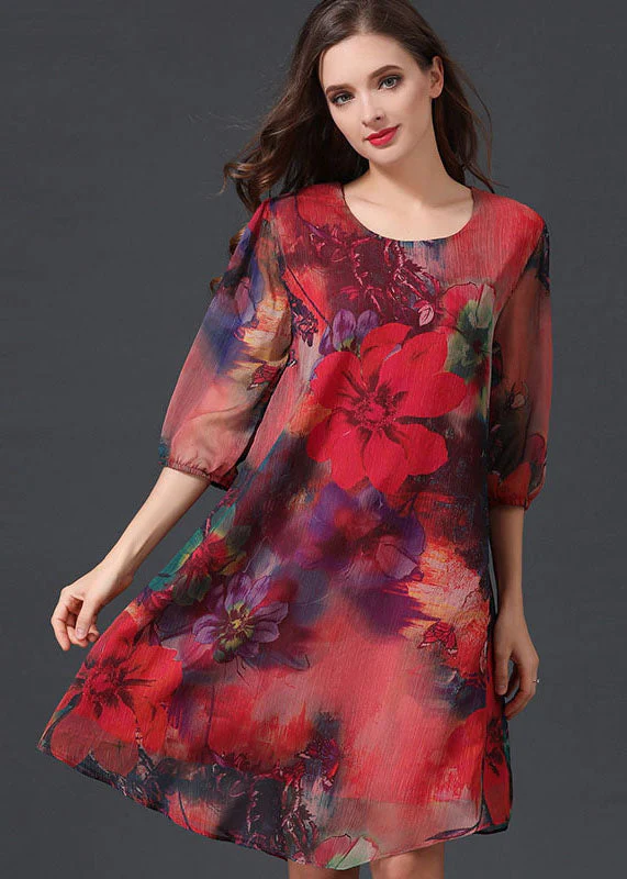 Women Red O Neck Print Patchwork Chiffon Mid Dress Summer - Image 3