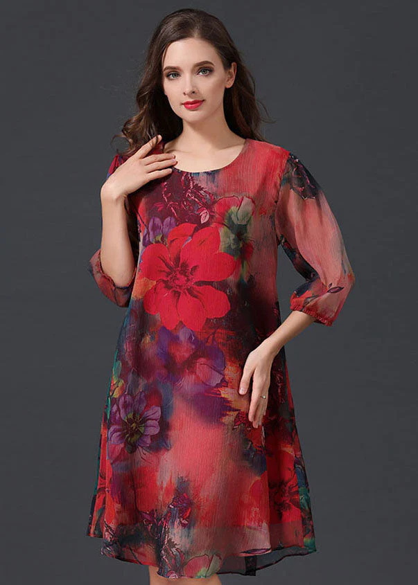 Women Red O Neck Print Patchwork Chiffon Mid Dress Summer - Image 4