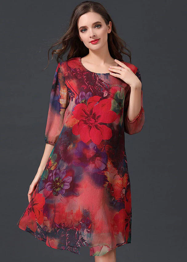 Women Red O Neck Print Patchwork Chiffon Mid Dress Summer - Image 5