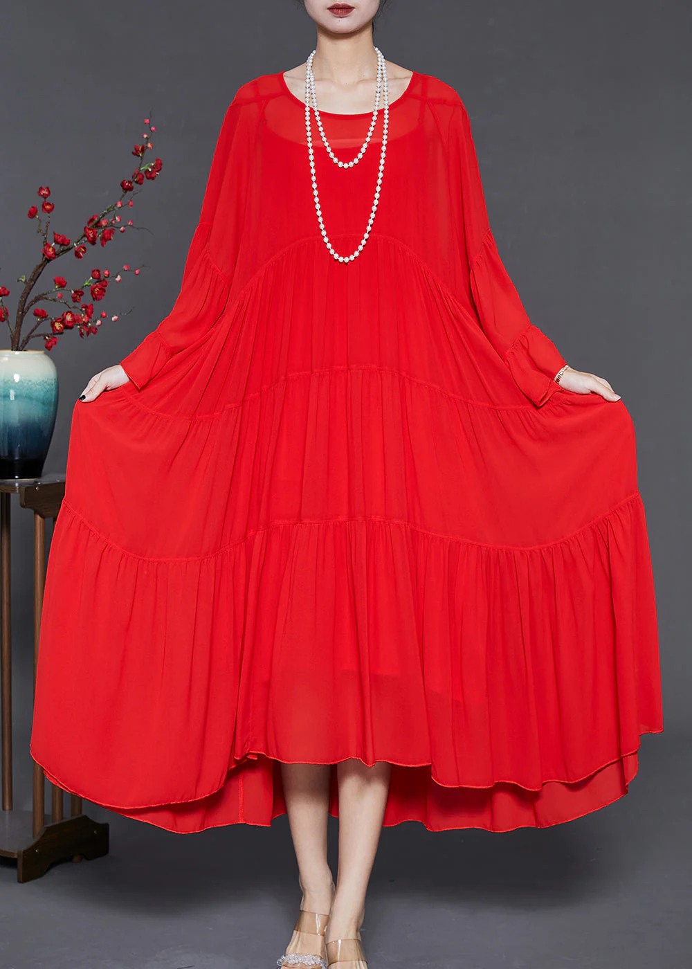 Women Red Oversized Exra Large Hem Chiffon Dresses Flare Sleeve - Image 3