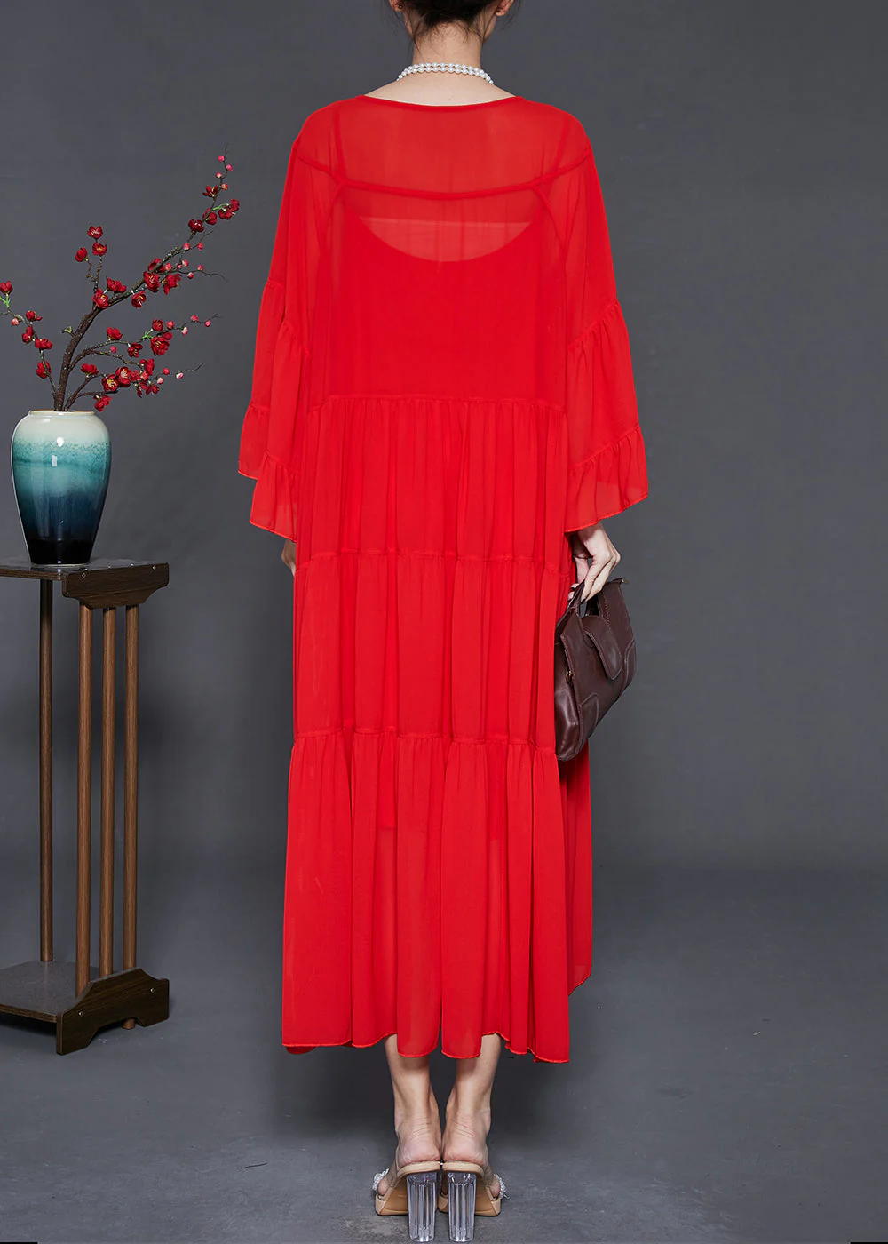 Women Red Oversized Exra Large Hem Chiffon Dresses Flare Sleeve - Image 4