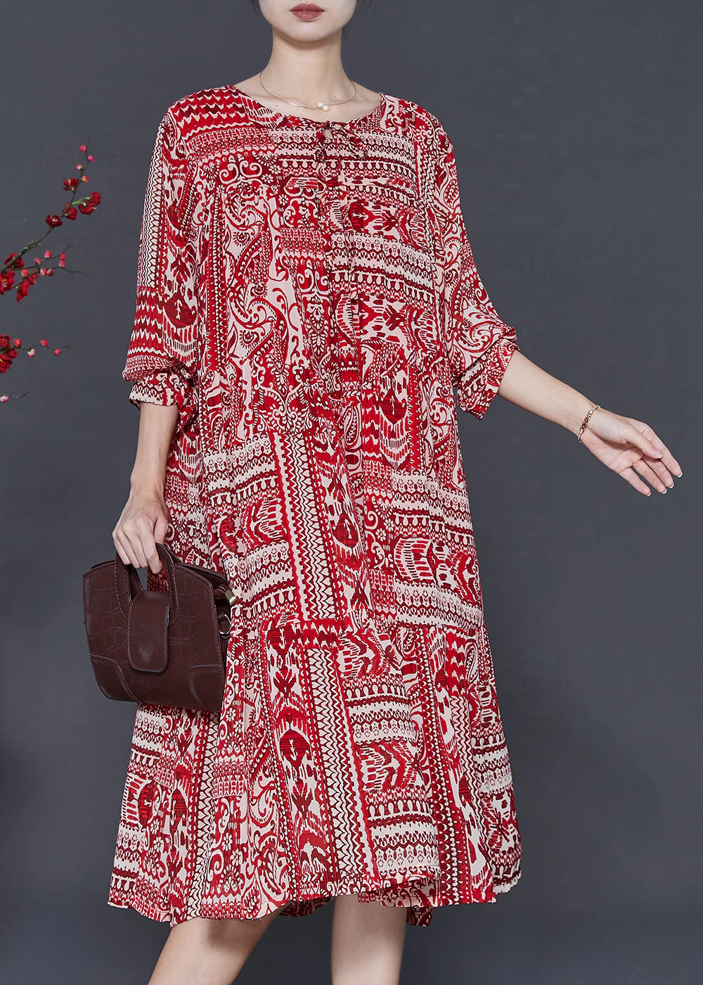 Women Red Oversized Print Chiffon Robe Dresses Spring - Image 2