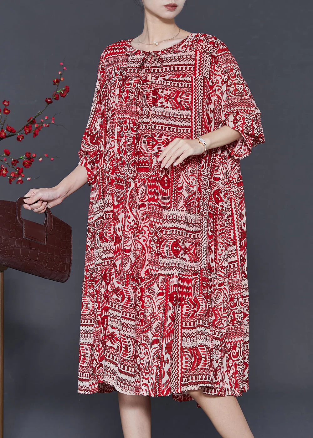 Women Red Oversized Print Chiffon Robe Dresses Spring - Image 3