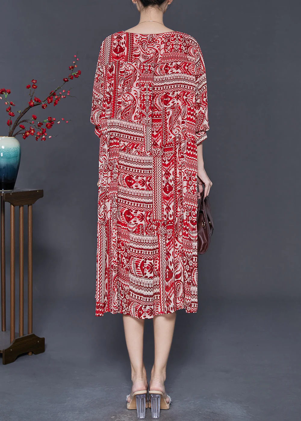 Women Red Oversized Print Chiffon Robe Dresses Spring - Image 4