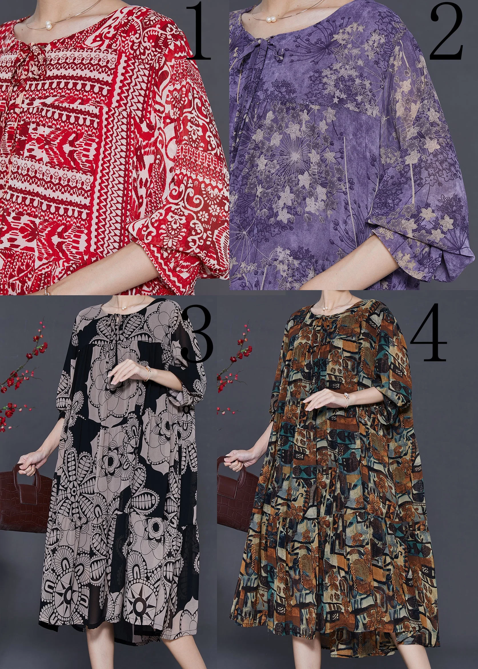 Women Red Oversized Print Chiffon Robe Dresses Spring - Image 5