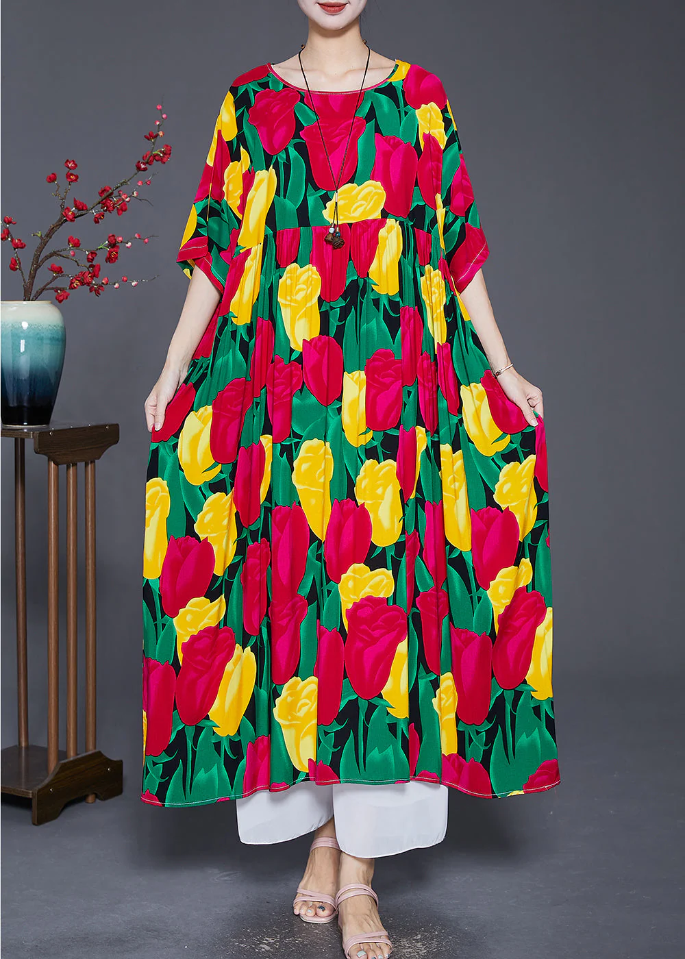 Women Red Oversized Print Cotton Long Dresses Summer - Image 2