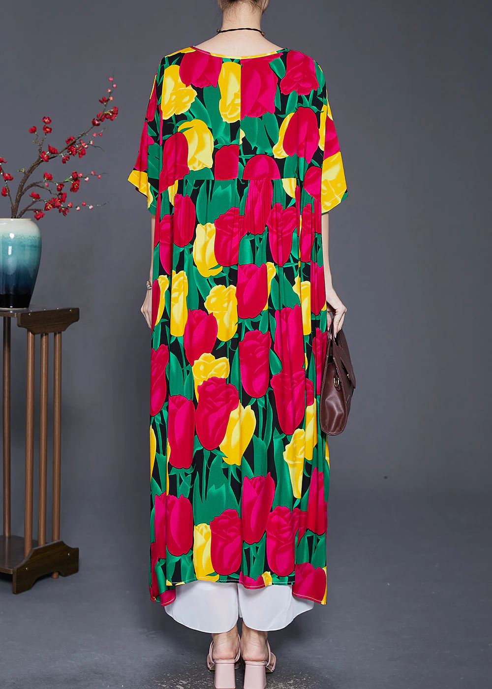 Women Red Oversized Print Cotton Long Dresses Summer - Image 4