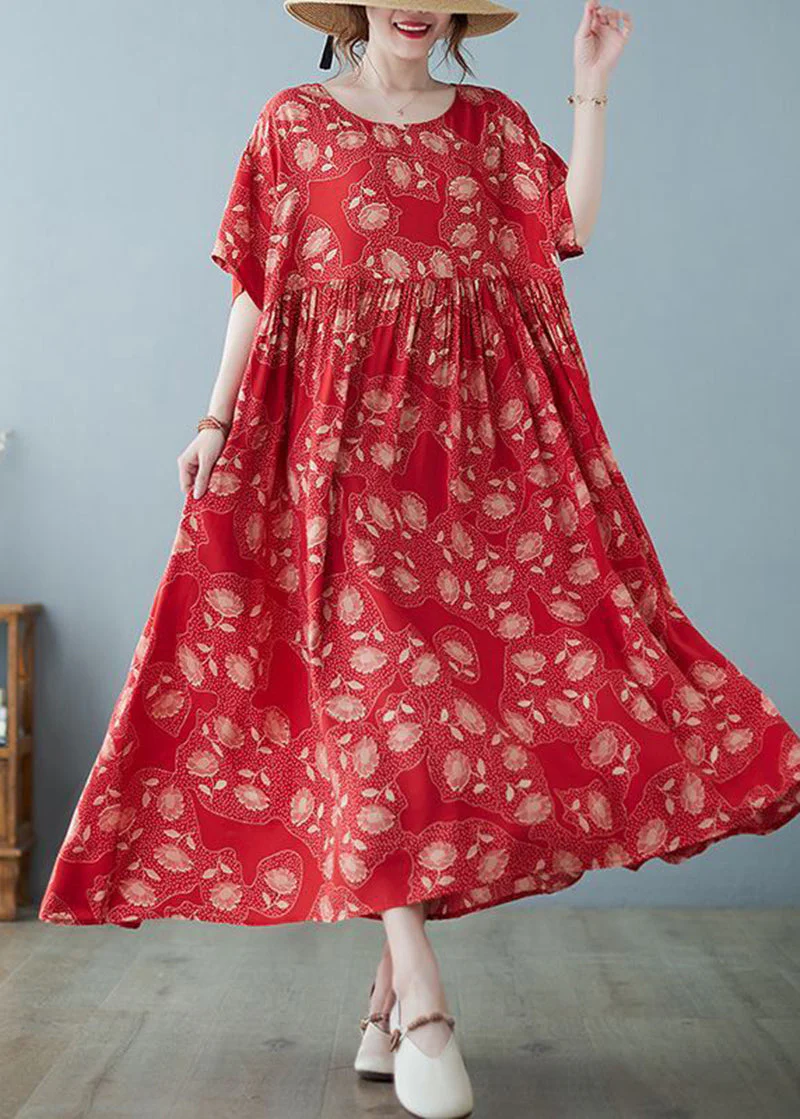 Women Red Oversized Print Exra Large Hem Cotton Vacation Dresses Summer - Image 2
