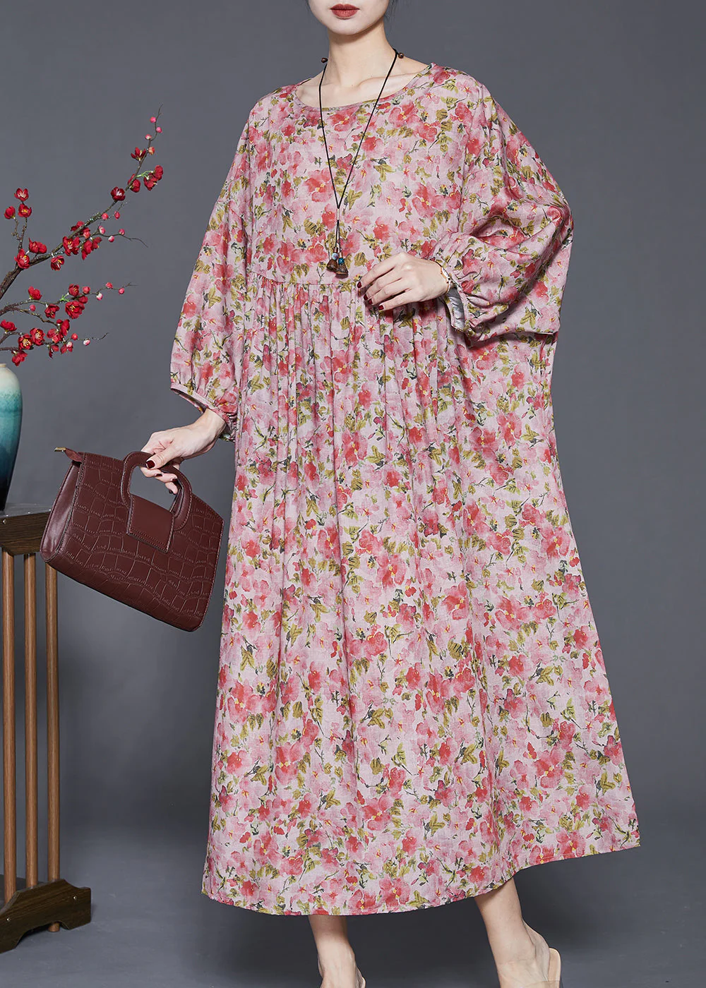 Women Red Oversized Print Linen Dresses Spring - Image 2