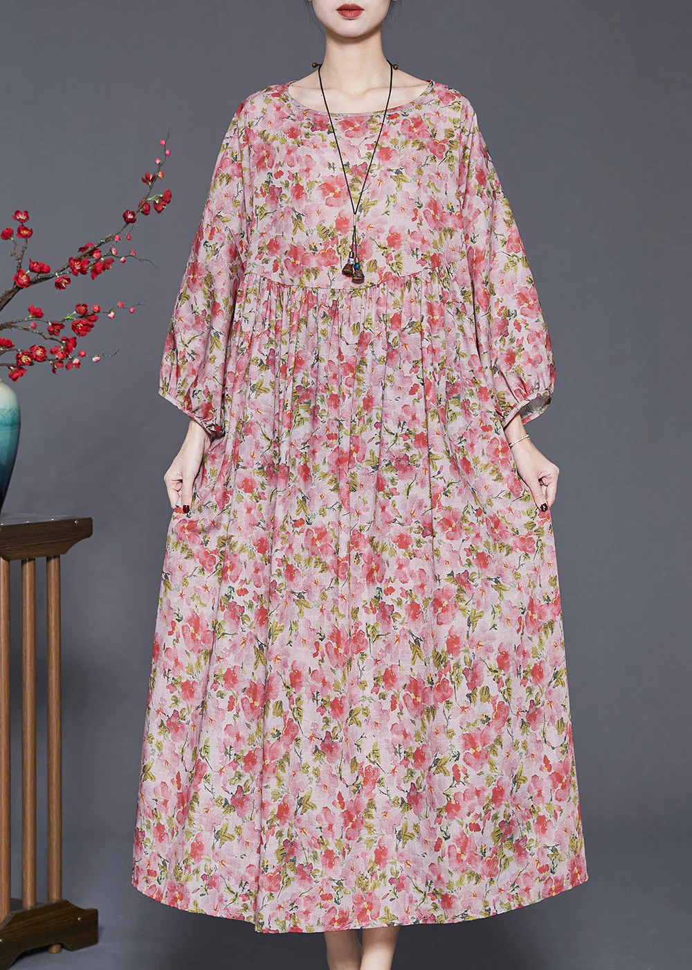 Women Red Oversized Print Linen Dresses Spring - Image 3