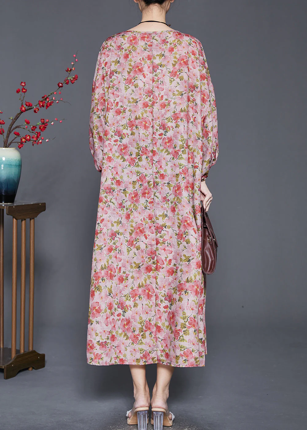 Women Red Oversized Print Linen Dresses Spring - Image 4