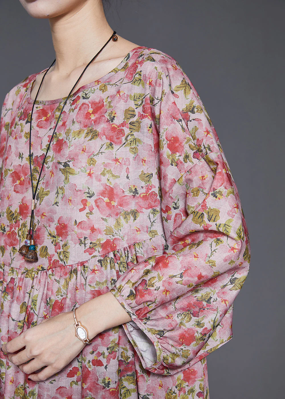 Women Red Oversized Print Linen Dresses Spring - Image 5