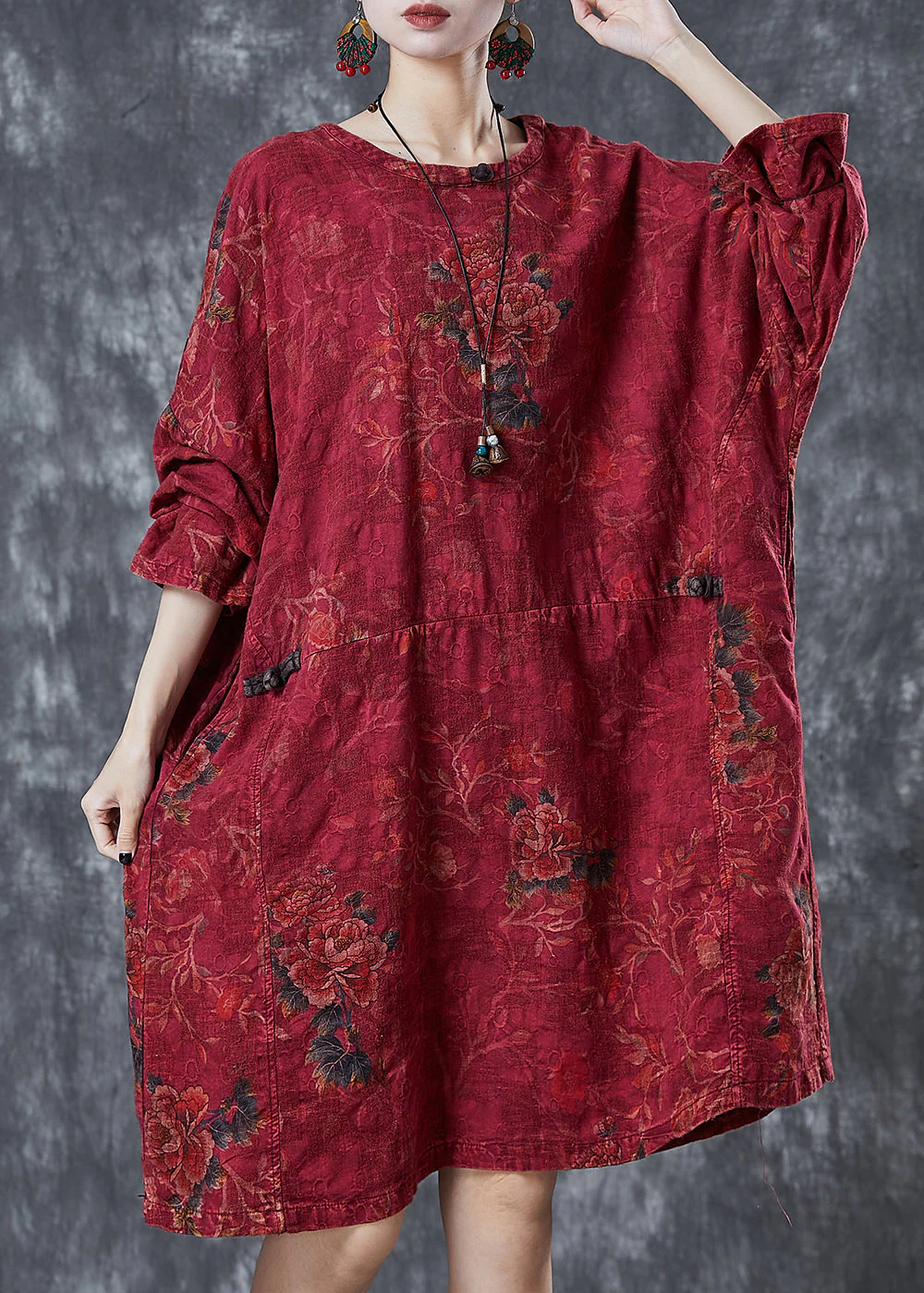 Women Red Oversized Print Linen Oriental Dress Fall - Image 2