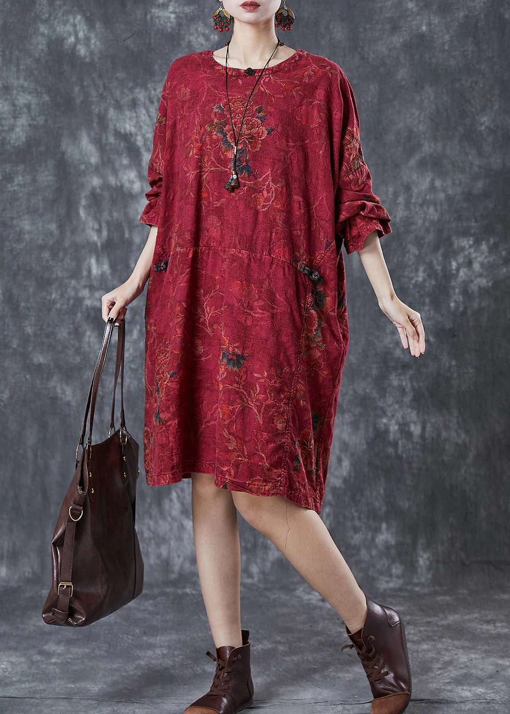 Women Red Oversized Print Linen Oriental Dress Fall - Image 3