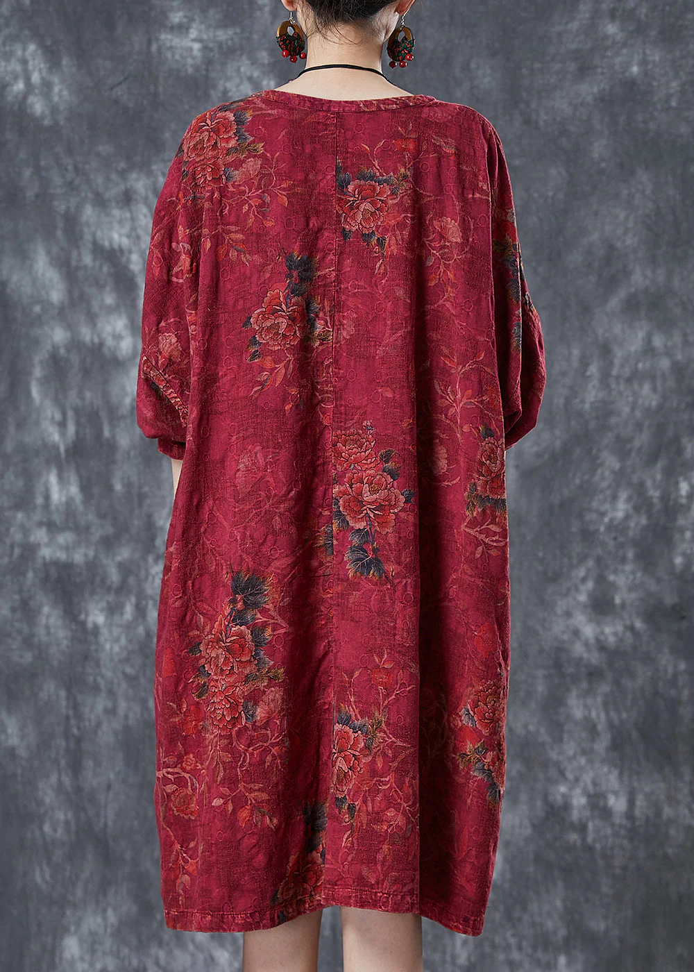 Women Red Oversized Print Linen Oriental Dress Fall - Image 4