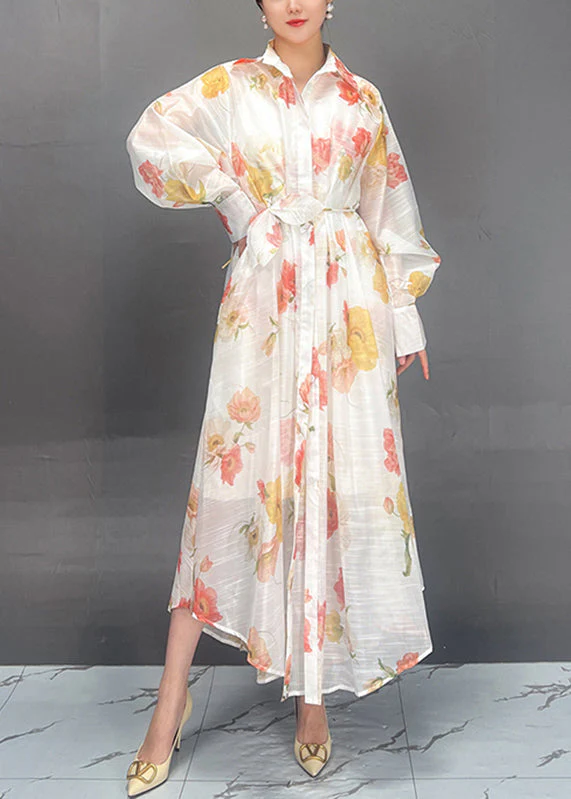 Women Red Peter Pan Collar Print Tie Waist Vacation Long Dresses Spring - Image 3