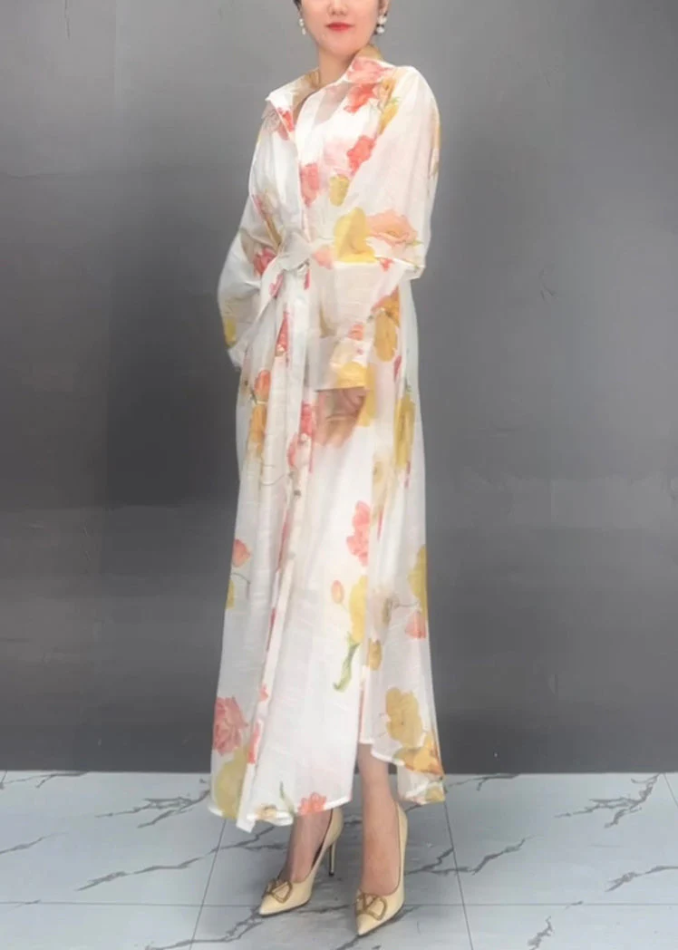 Women Red Peter Pan Collar Print Tie Waist Vacation Long Dresses Spring - Image 5