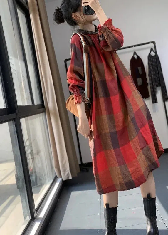 Women Red Plaid Patchwork Plus Size Cotton Dresses Fall - Image 2