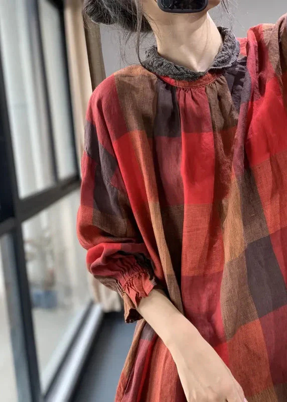 Women Red Plaid Patchwork Plus Size Cotton Dresses Fall - Image 3