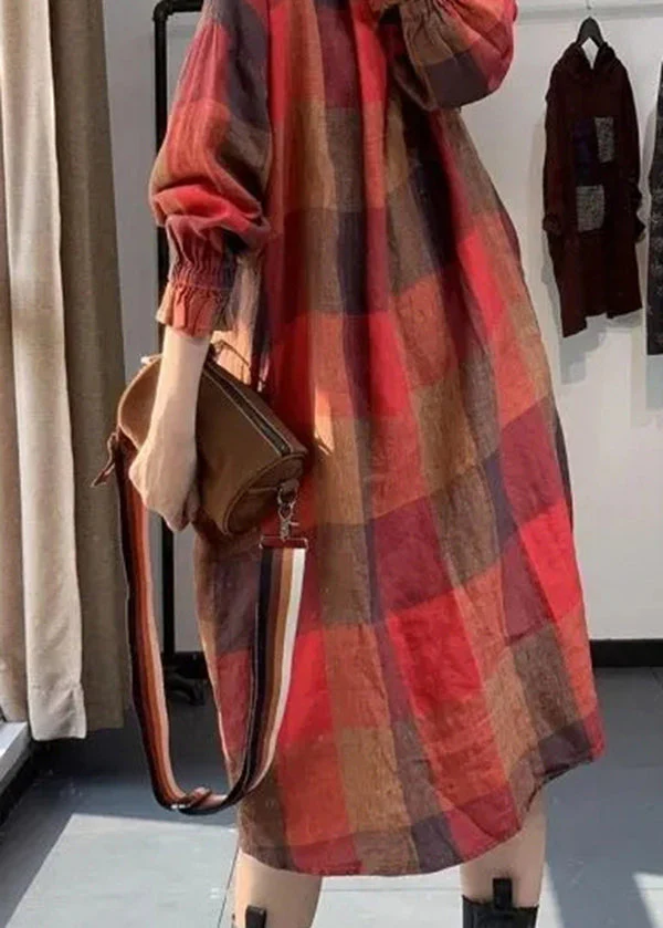 Women Red Plaid Patchwork Plus Size Cotton Dresses Fall - Image 4