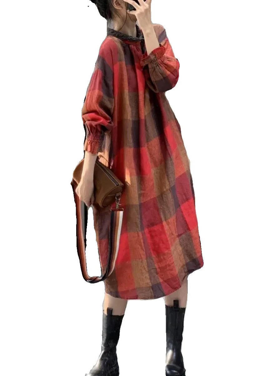 Women Red Plaid Patchwork Plus Size Cotton Dresses Fall - Image 5