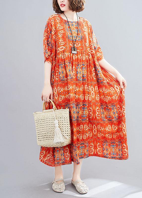 Women Red Pockets Print Holiday Dress O Neck Cotton Dress - Image 2